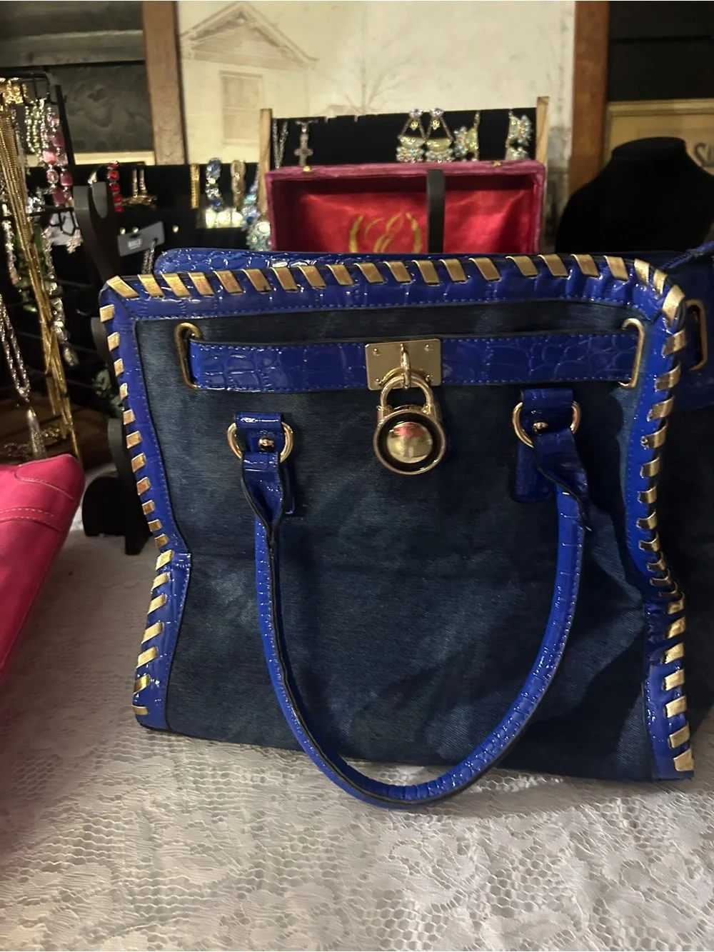 Blue & Black Designer-Style Satchel Handbag – Gold Tone Hardware – Unbranded